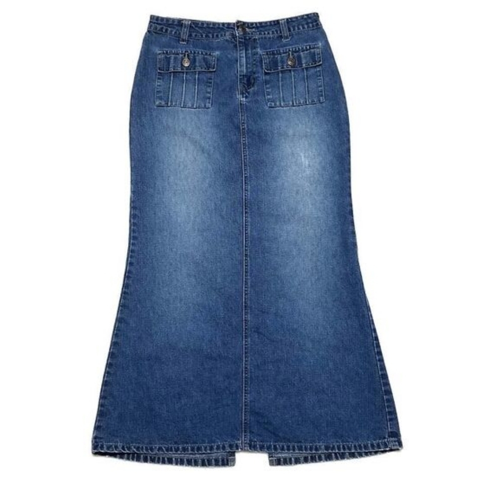 90s Vintage No Boundaries High Waisted Back Slit Maxi Denim Mermaid Skirt Small - Picture 5 of 10